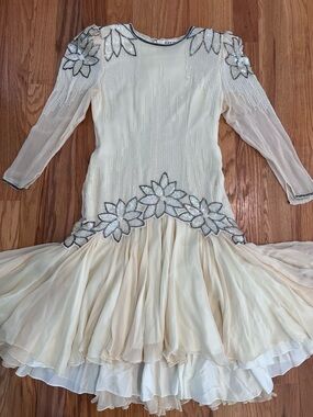 VINTAGE  1980s Black Embellished  Beaded Silk  Dress Size 12